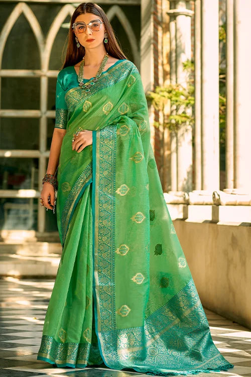 Tissue Soft Silk Weaving Border Work Saree With Butti Work Unstitched Blouse