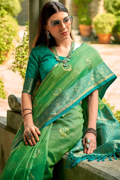 Tissue Soft Silk Weaving Border Work Saree With Butti Work Unstitched Blouse