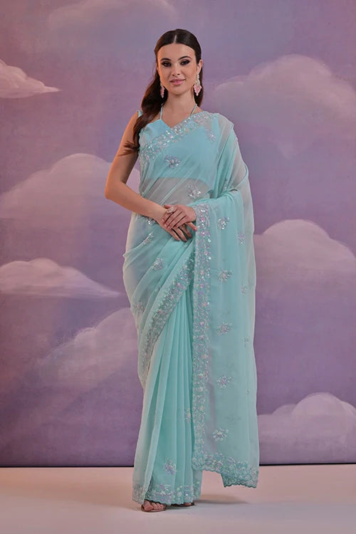 Beautiful C Pallu Embroidery Soft Georgette Saree
