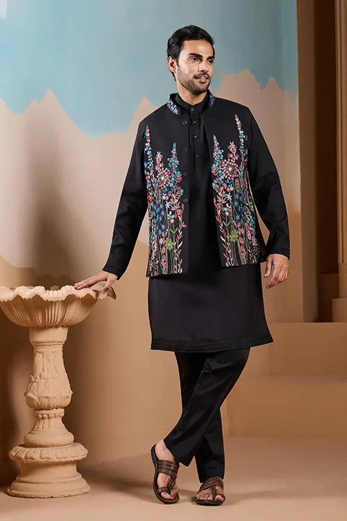 Magic Black Wedding Look Koti Kurta Set for Mens Wear