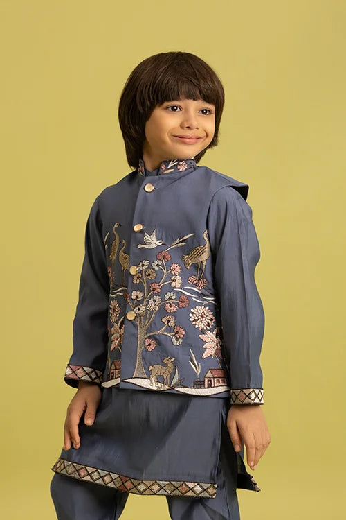 Wedding Special Kids Blue Grey Koti Kurta Outfit