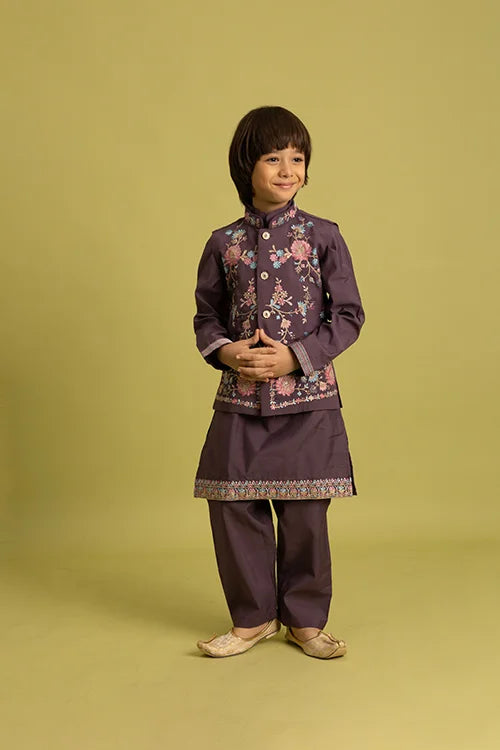Premium Purple Kids Koti Kurta Pajama Set for Wedding Style