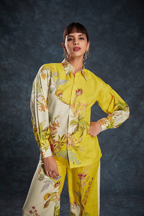 Yellow Linen Print Work Co-Ord Set
