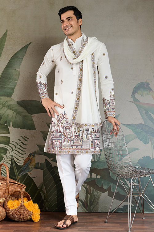 Classic White Kurta Pajama For Men With Rich Embroidery