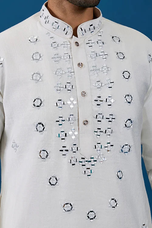 White Real Mirror Work Kurta Pant Set For Mens Wear