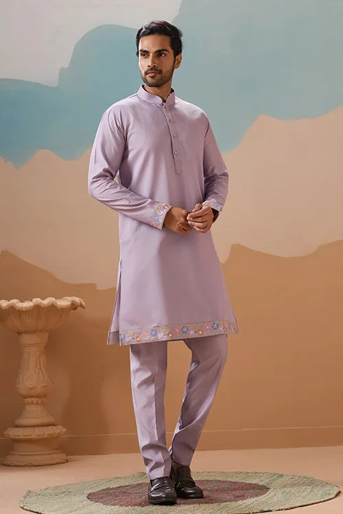 Trendy Lavender Wedding Celebration Beige Kurta Koti Pant Mens