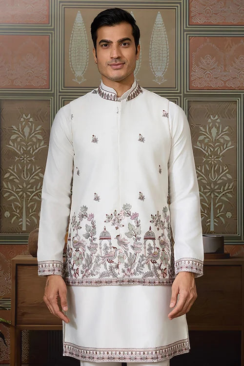 Latest Embroidered Designer White Koti Kurta Set for Mens