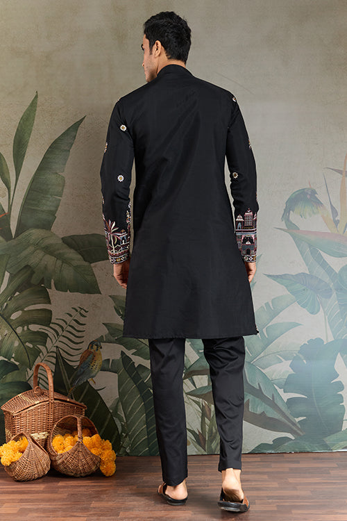 Traditional Black Color Embroidered Kurta Pajama Set For Men