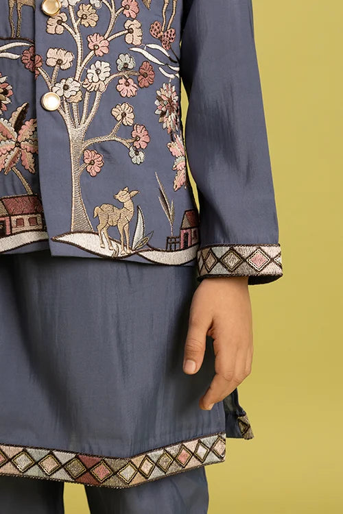 Wedding Special Kids Blue Grey Koti Kurta Outfit