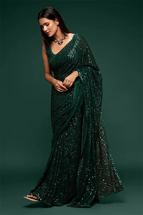 Stunning Deep Green Sequins Georgette Festival Wear Saree With Blouse