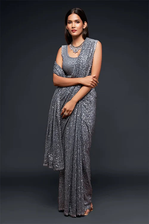 Fabulous Slate Grey Sequined Georgette Party Wear Saree