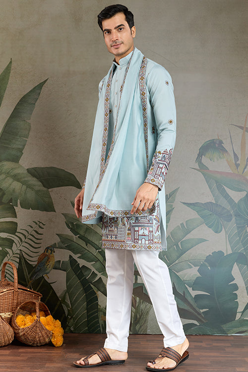 Wedding Special Sky Color Kurta And Dupatta For Men