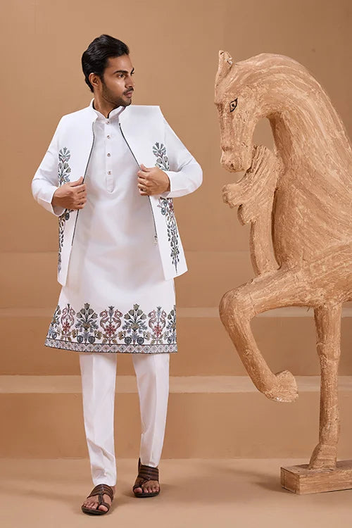 Wedding Special White Color Koti Kurta Set for Mens Wear