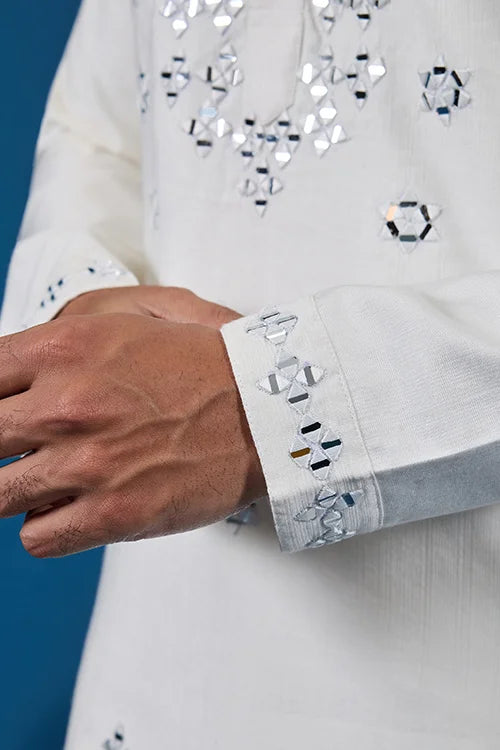 White Real Mirror Work Kurta Pant Set For Mens Wear