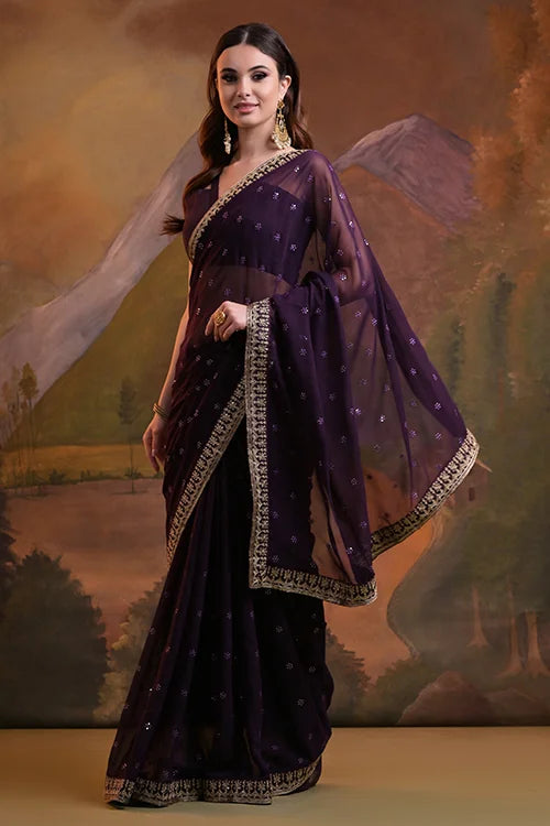 Stylish Wine Saree with Sequence Lace Border Online