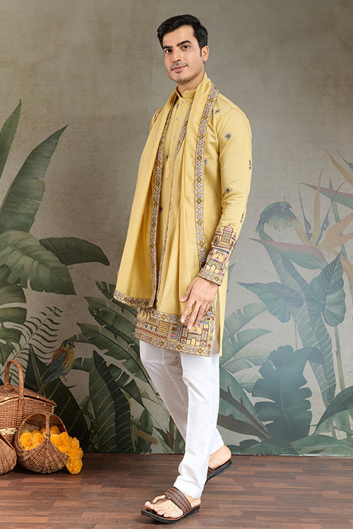 Haldi Special Yellow Embroidered Kurta Pajama Set For Men