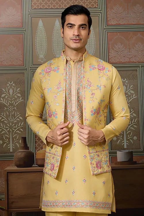 Trending Yellow Haldi Ceremony Koti Kurta for Men