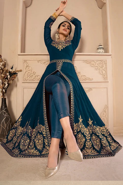 Designer Faux Georgette Zari Embroidered With Diamond Work Dresses