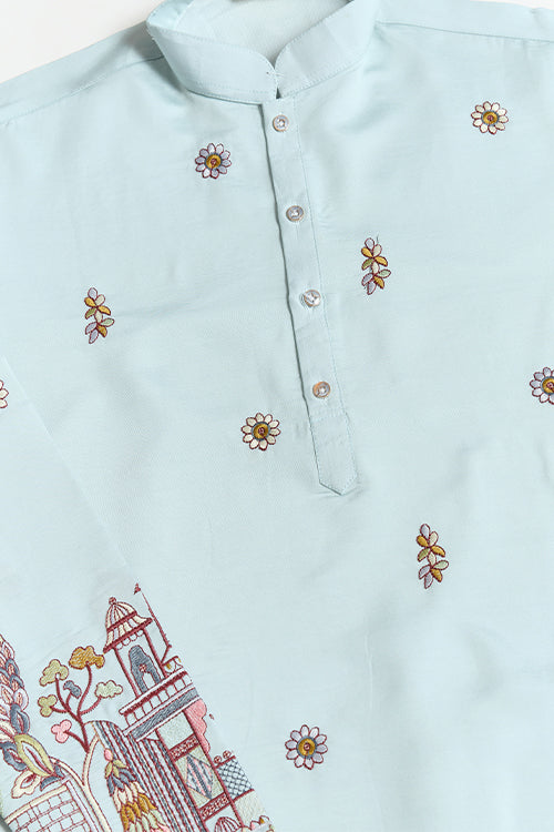 Wedding Special Sky Color Kurta And Dupatta For Men