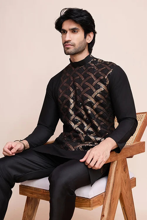 Traditional Black Silk Kurta With Thread Work