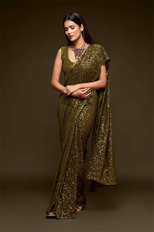 Olive Green Color Bollywood Designer Saree Online | Shop Now