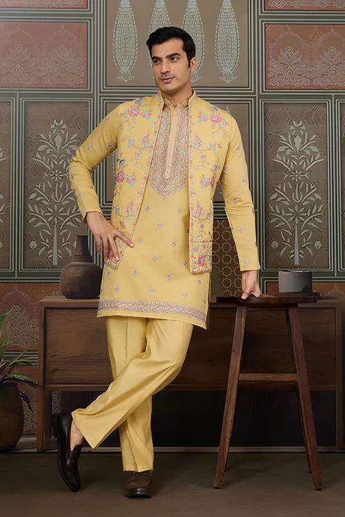 Trending Yellow Haldi Ceremony Koti Kurta for Men