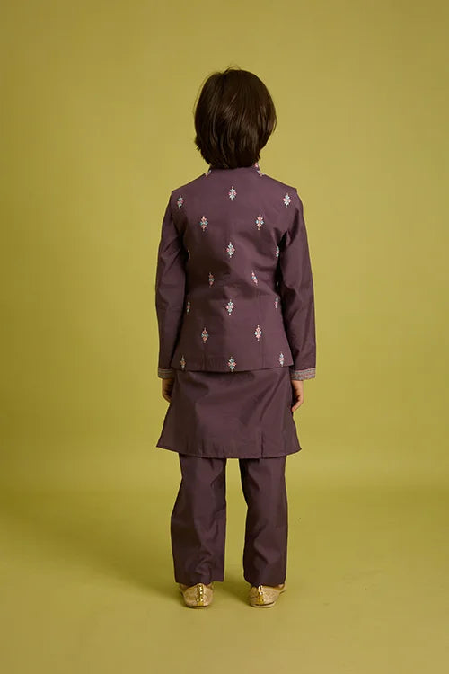 Premium Purple Kids Koti Kurta Pajama Set for Wedding Style