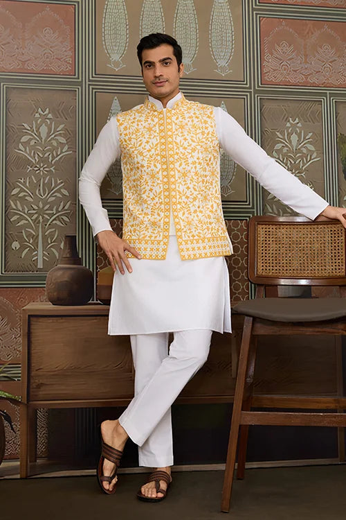 Haldi Special Yellow Koti with White Kurta for Mens