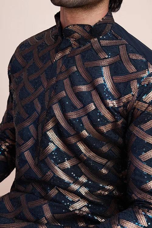 Navy Designer Silk Kurta With Thread Work