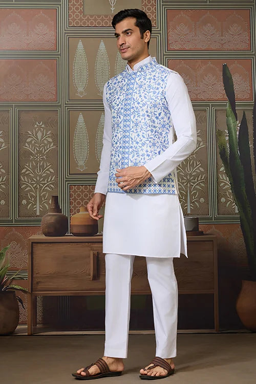 Traditional White Kurta Blue Koti Pajama for Men