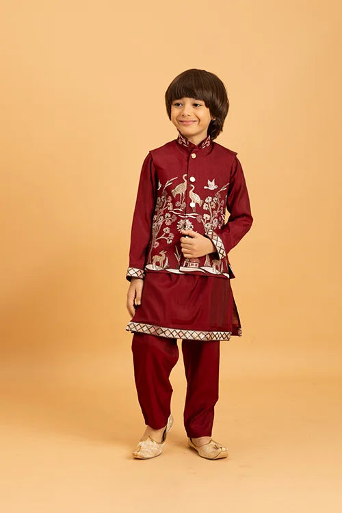 Kids Wedding Special Maroon Koti Kurta Set Outfit