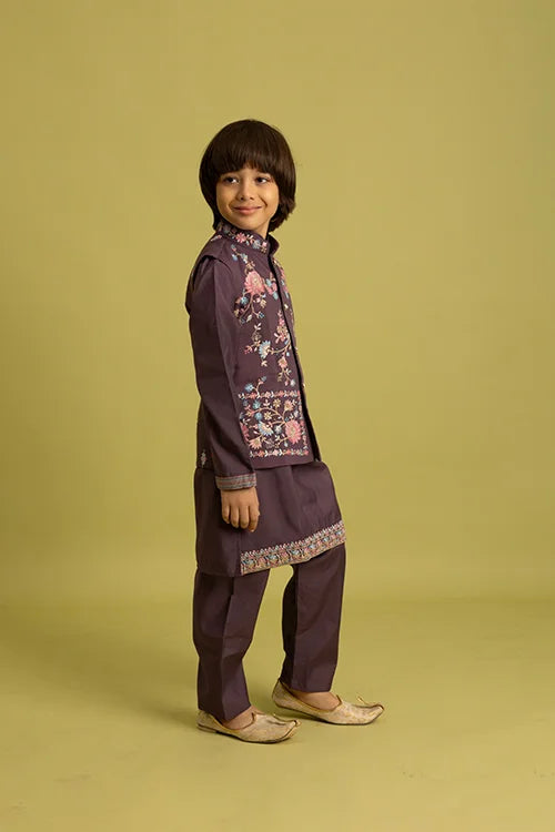 Premium Purple Kids Koti Kurta Pajama Set for Wedding Style