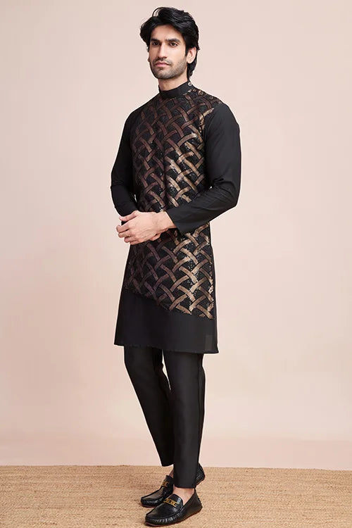 Traditional Black Silk Kurta With Thread Work