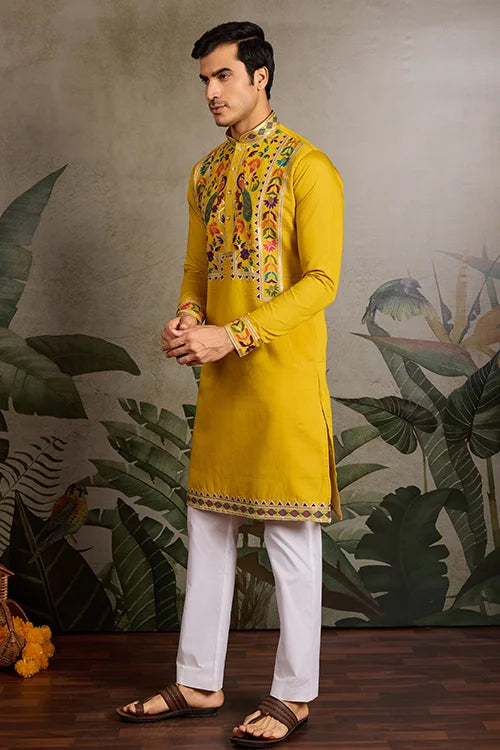 Haldi Special Yellow Embroidered Kurta for Men