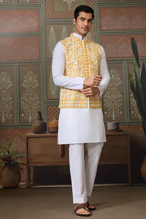 Haldi Special Yellow Koti with White Kurta for Mens