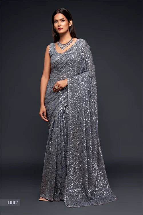 Fabulous Slate Grey Sequined Georgette Party Wear Saree