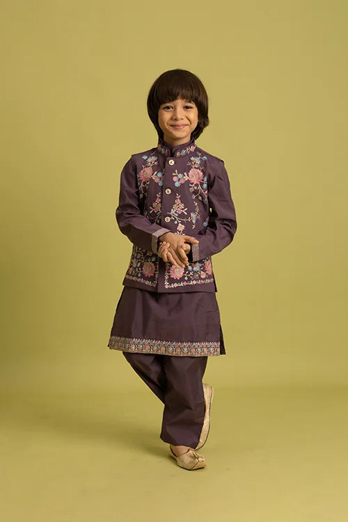 Premium Purple Kids Koti Kurta Pajama Set for Wedding Style