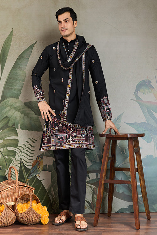 Traditional Black Color Embroidered Kurta Pajama Set For Men