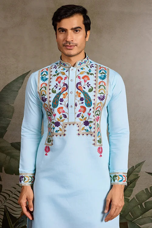 Premium Sky Blue Embroidered Mens Kurta For Celebrations