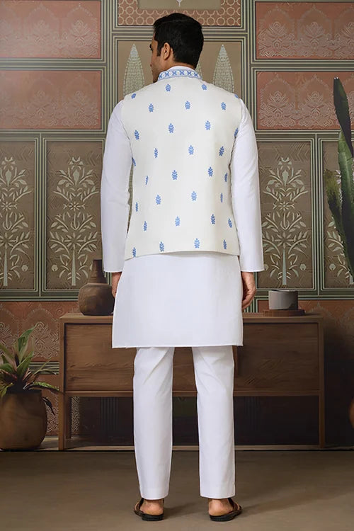 Traditional White Kurta Blue Koti Pajama for Men