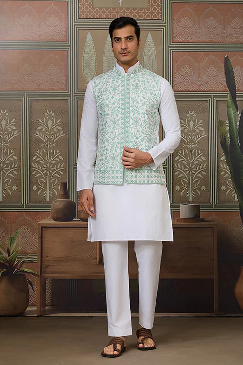 Wedding White Kurta Pajama with Green Koti Style