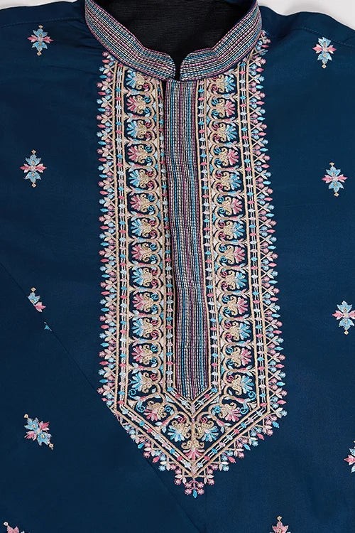 Modern Teal Blue Open Koti Kurta Set for Men