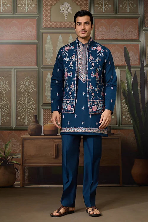 Modern Teal Blue Open Koti Kurta Set for Men