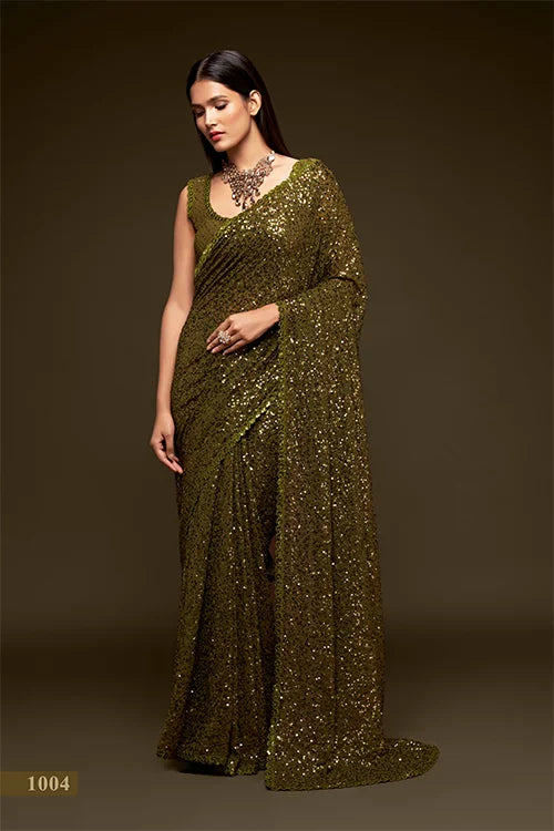 Olive Green Color Bollywood Designer Saree Online | Shop Now
