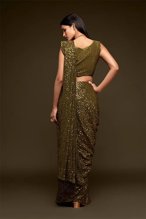 Olive Green Color Bollywood Designer Saree Online | Shop Now