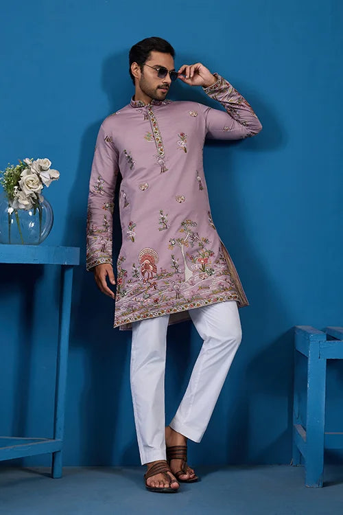 Heavy Embroidered Dusty Pink Kurta for Men