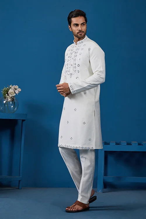 White Real Mirror Work Kurta Pant Set For Mens Wear