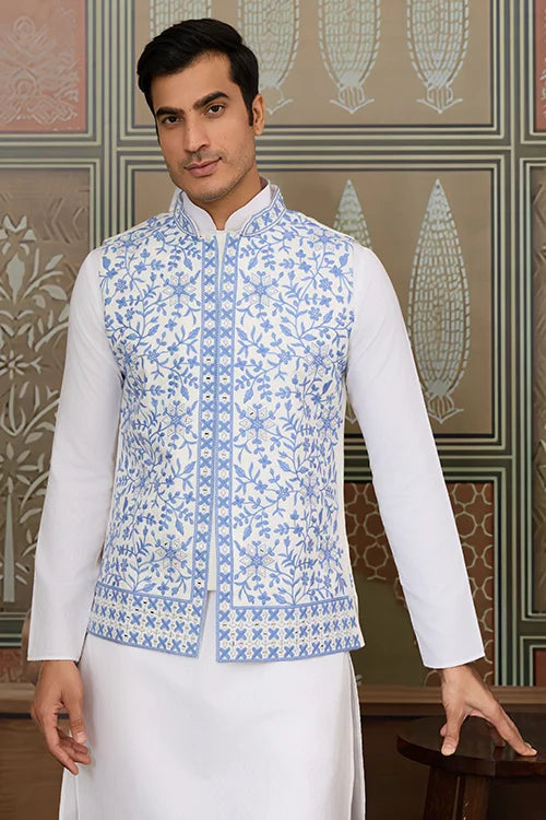 Traditional White Kurta Blue Koti Pajama for Men