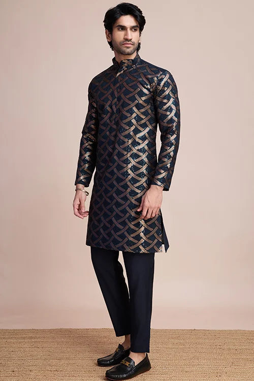 Navy Designer Silk Kurta With Thread Work