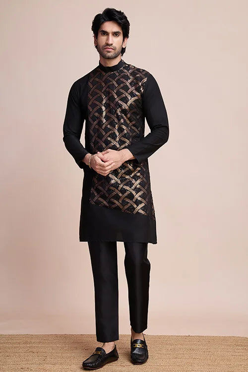 Traditional Black Silk Kurta With Thread Work
